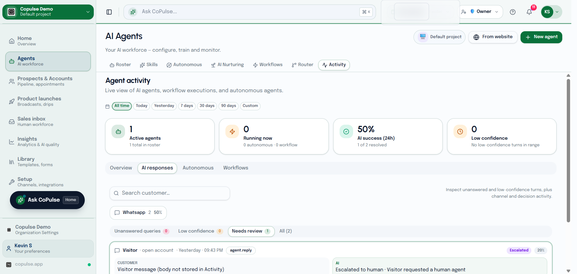 CoPulse agent activity AI responses tab listing recent automated replies.