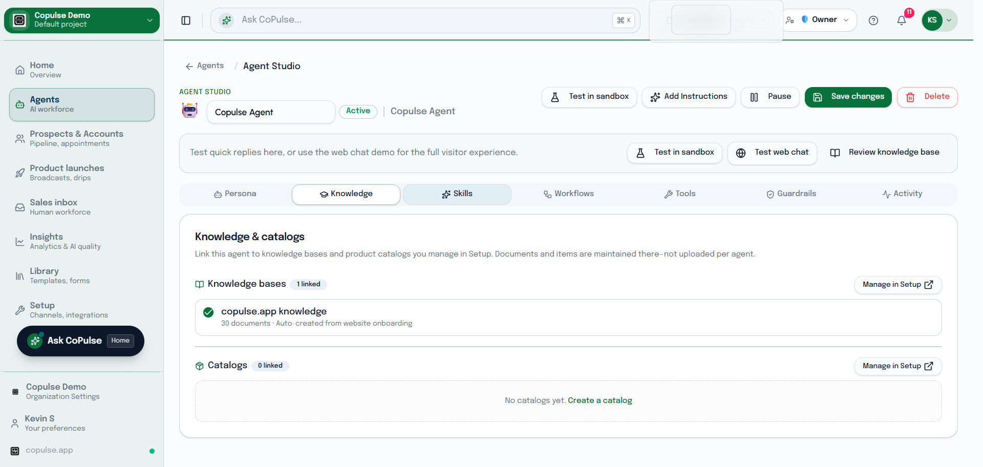 CoPulse Agent Studio knowledge tab for attaching trained knowledge bases to an agent.