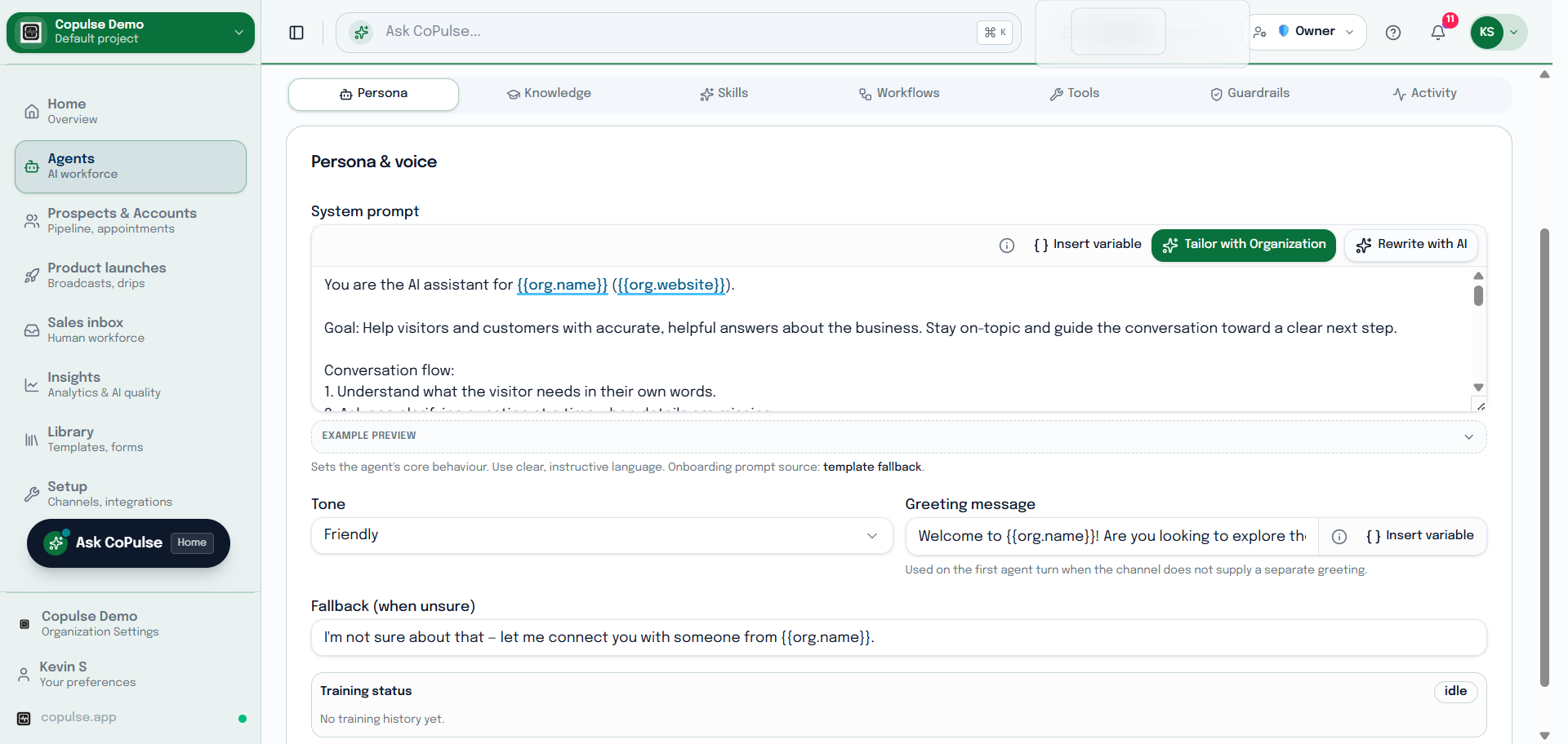 CoPulse Agent Studio persona tab with name, greeting, guardrails, and channel assignment.