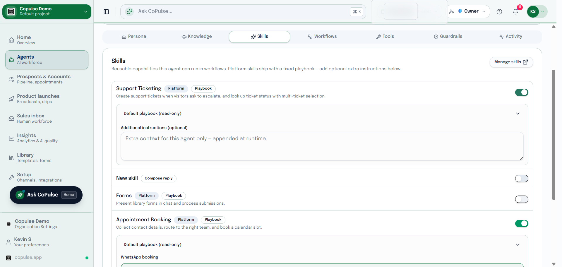 CoPulse Agent Studio skills tab for attaching reusable skill prompts to an agent.