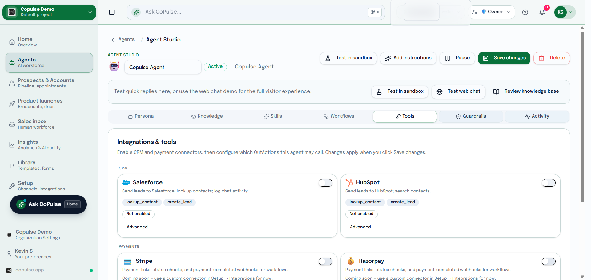 CoPulse Agent Studio tools tab showing appointments, forms, and other agent capabilities.