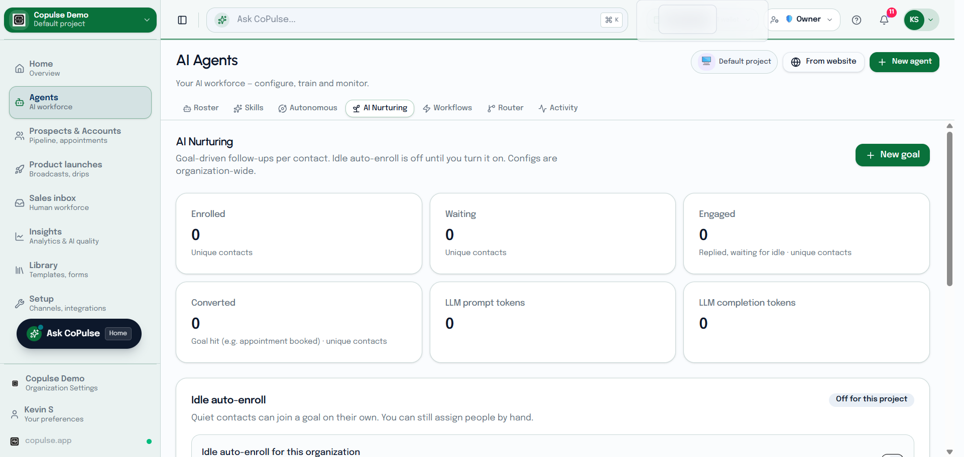 CoPulse Agents AI Nurturing tab with enrolled contacts, goals, and idle auto-enroll.