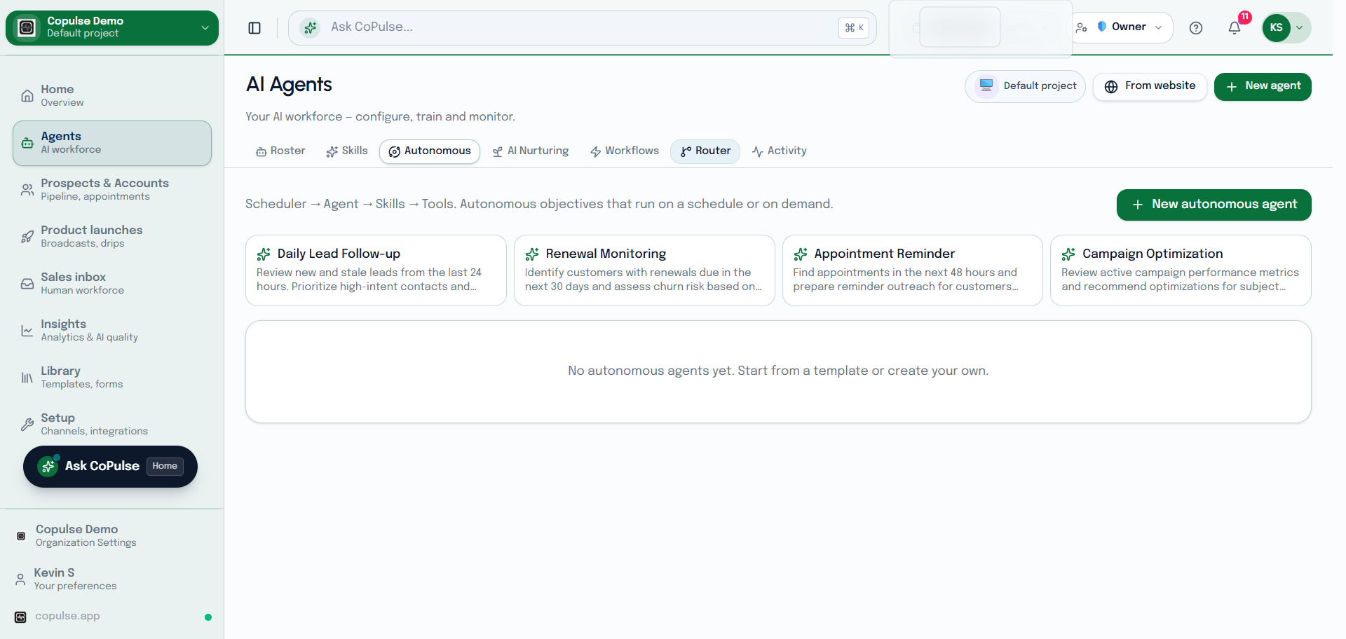 CoPulse Agents Autonomous tab for proactive tasks that run without a new inbound message.