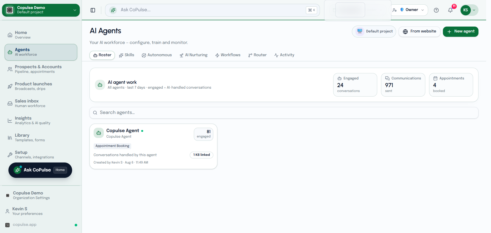 CoPulse Agents roster tab listing AI agents for the current project.