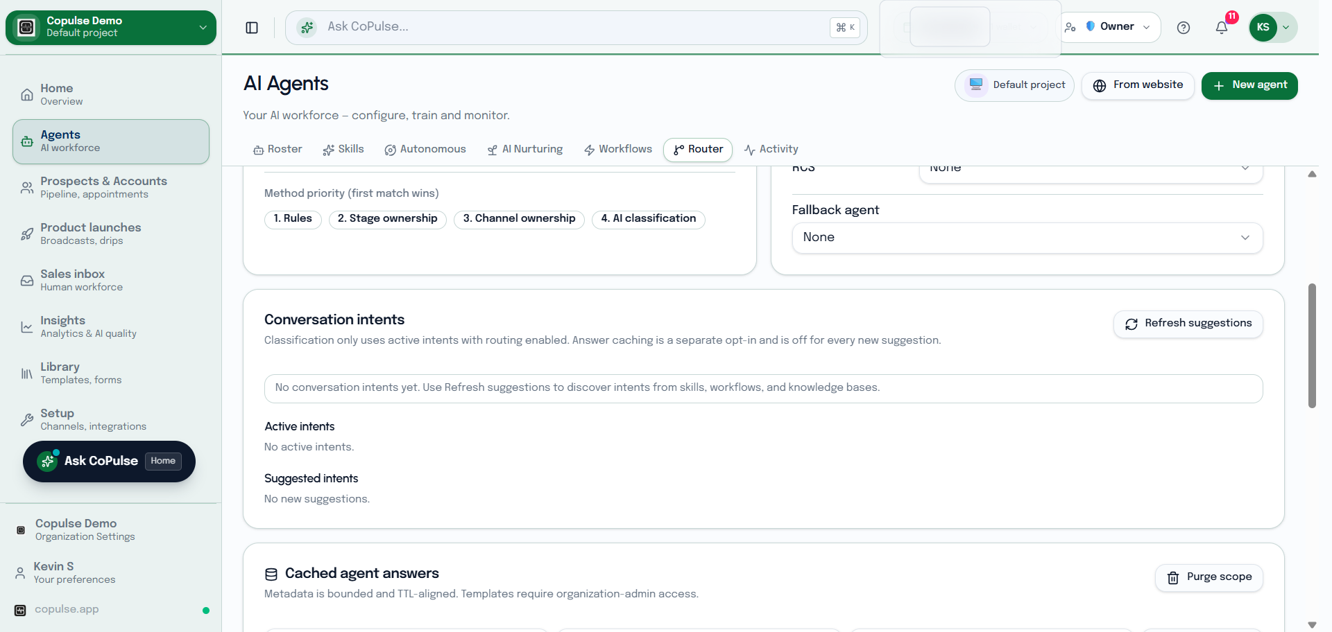 CoPulse Agents Router tab for sending inbound conversations to the right agent.