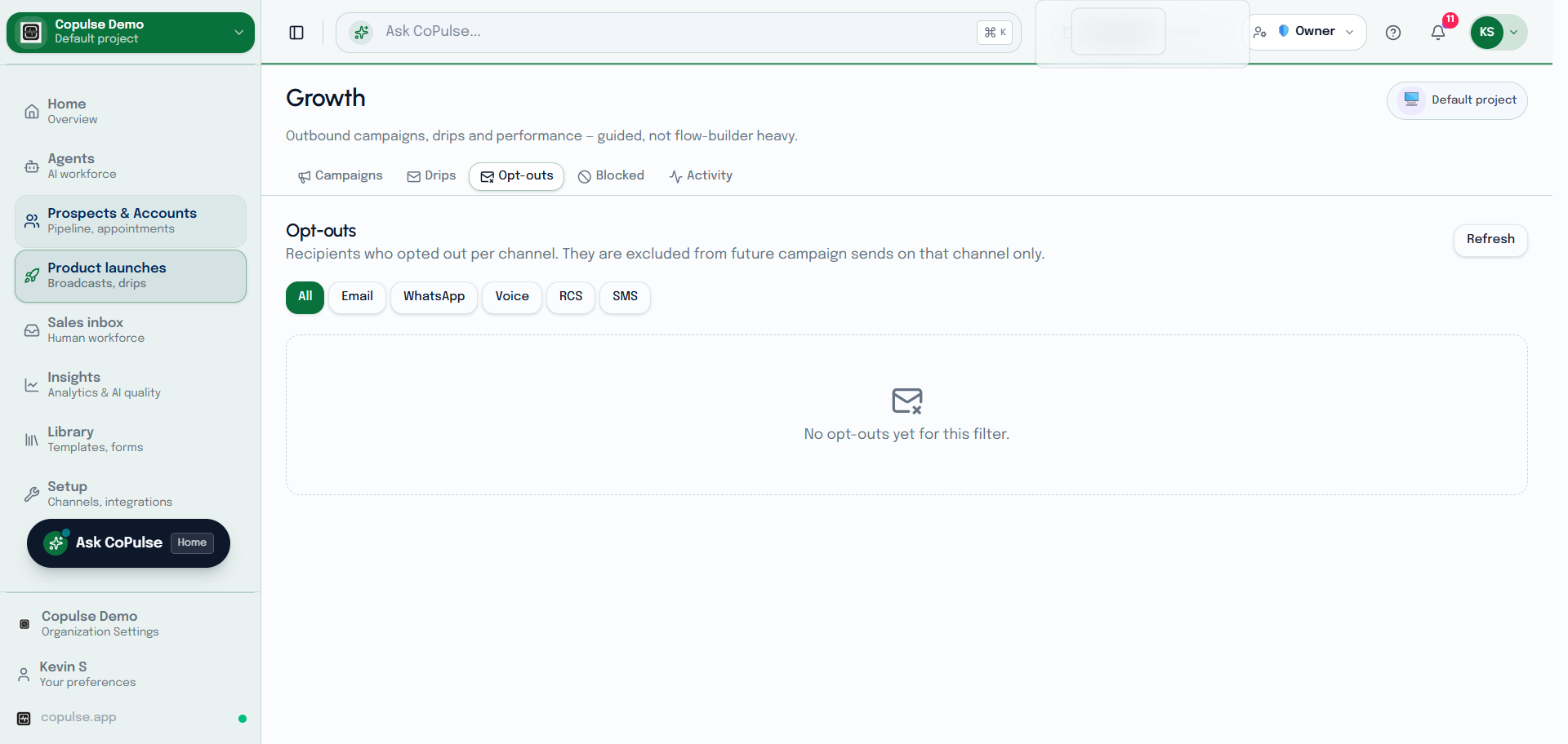 CoPulse Growth opt-outs list showing unsubscribed identifiers by channel.