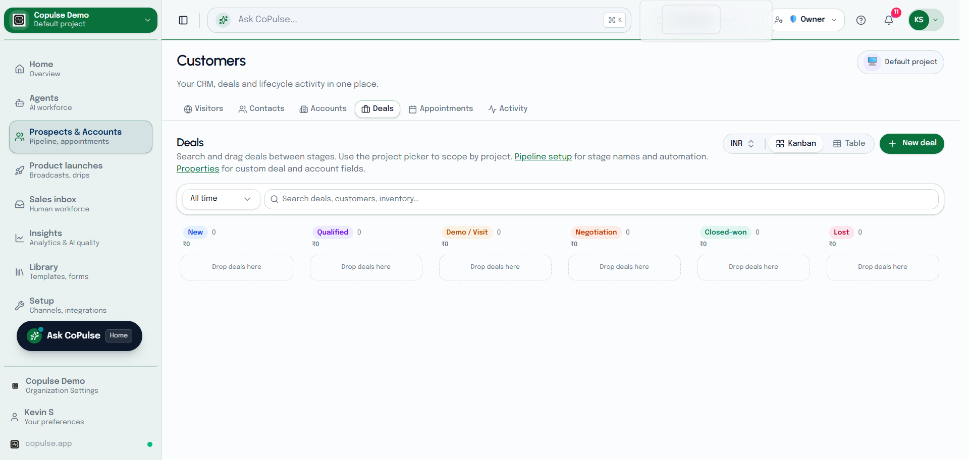 CoPulse Customers deals board or list with pipeline stage and amount.