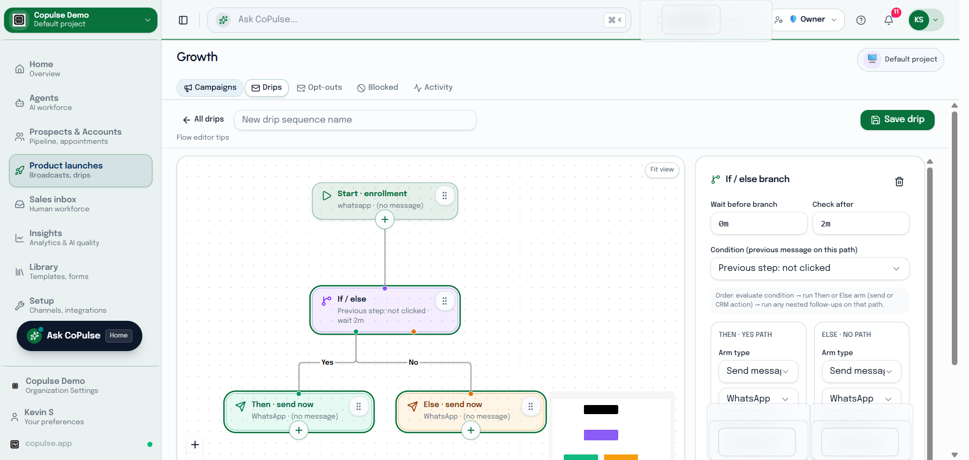 CoPulse drip campaigns list with sequence status, enrollment, and steps.