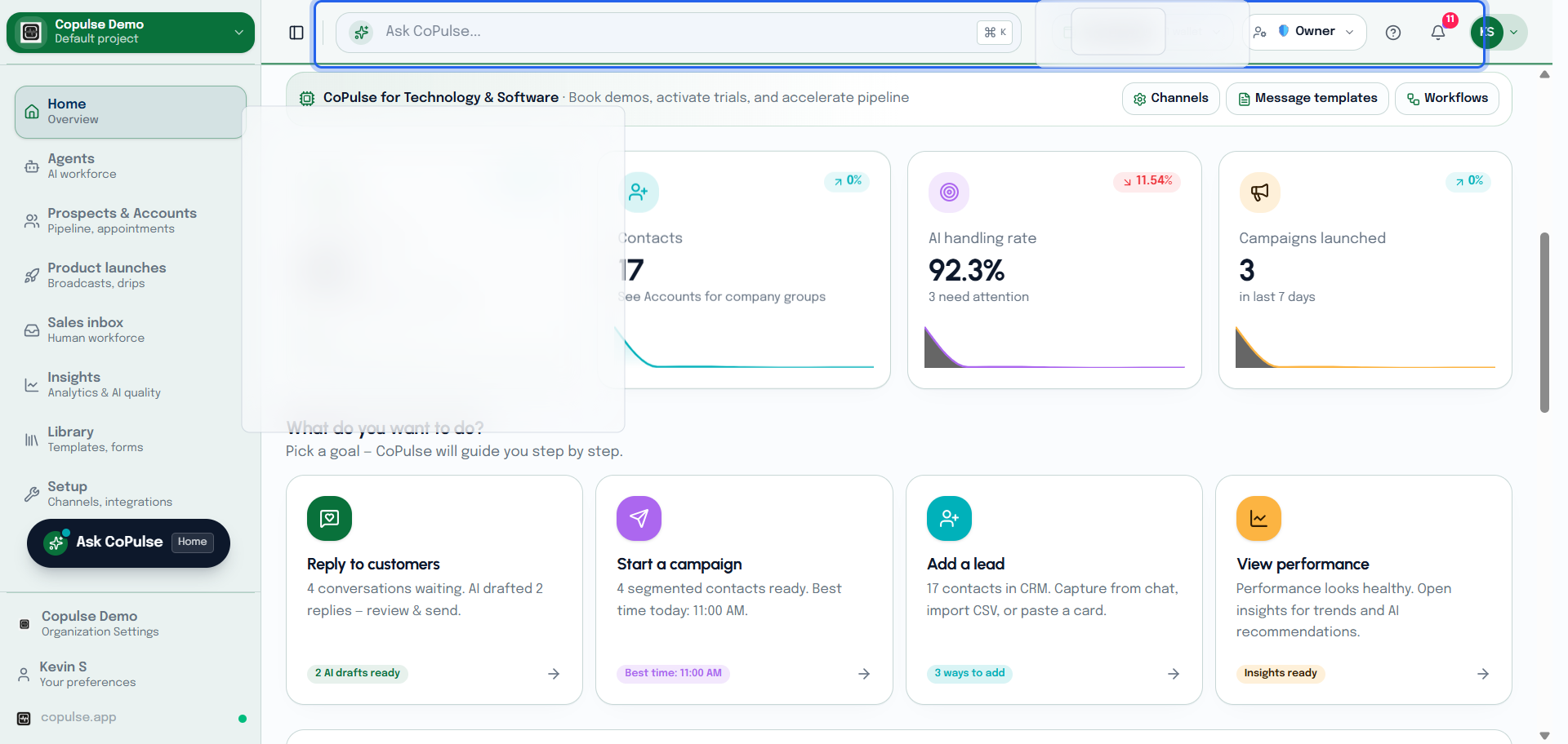 CoPulse home briefing with suggested next steps and links into setup, inbox, and campaigns.