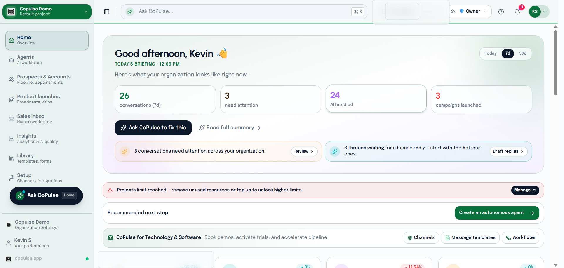 CoPulse home dashboard with briefing cards, wallet, and shortcuts into channels, inbox, and agents.
