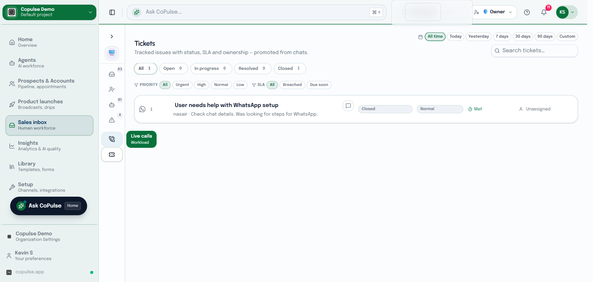 CoPulse inbox ticket list with status, assignee, and conversation link.