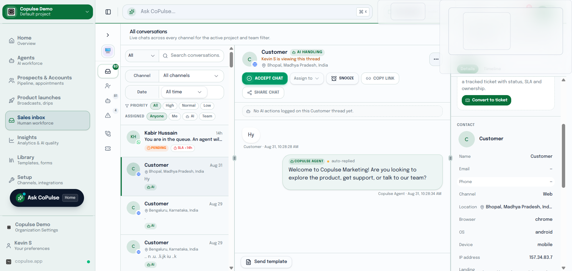 CoPulse inbox showing a web chat visitor thread next to contact context.