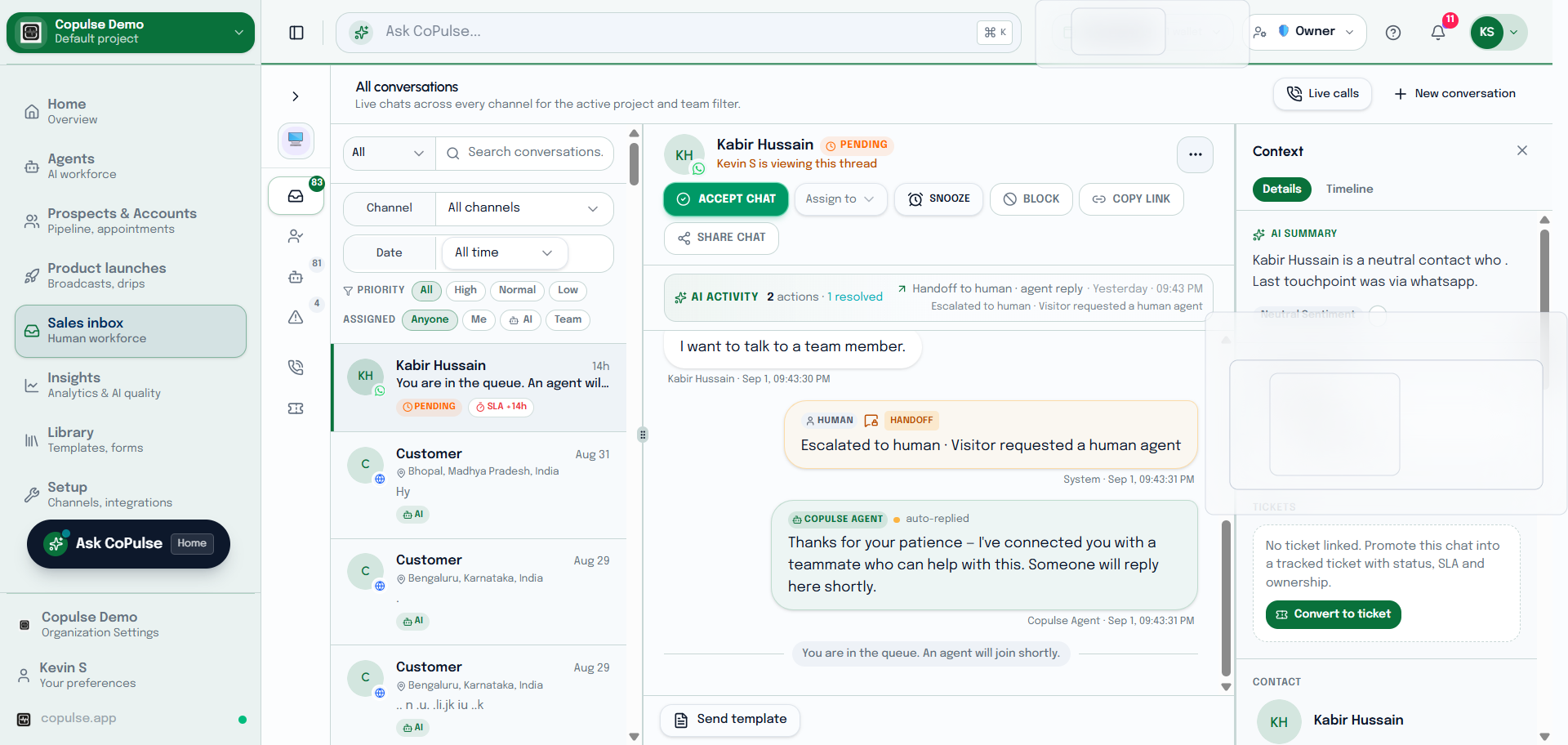 CoPulse inbox WhatsApp thread with human agent request, composer, and conversation context.