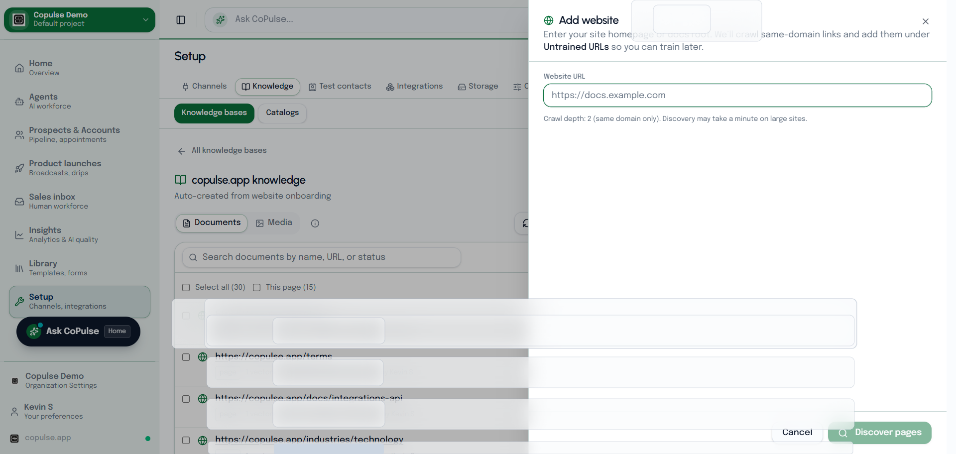 CoPulse add website overlay for discovering pages to ingest into a knowledge base.