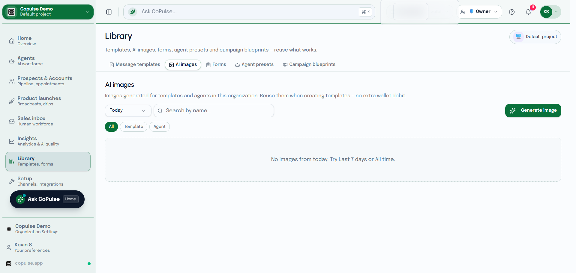CoPulse Library AI images tab for generating and reusing images in templates and agents.