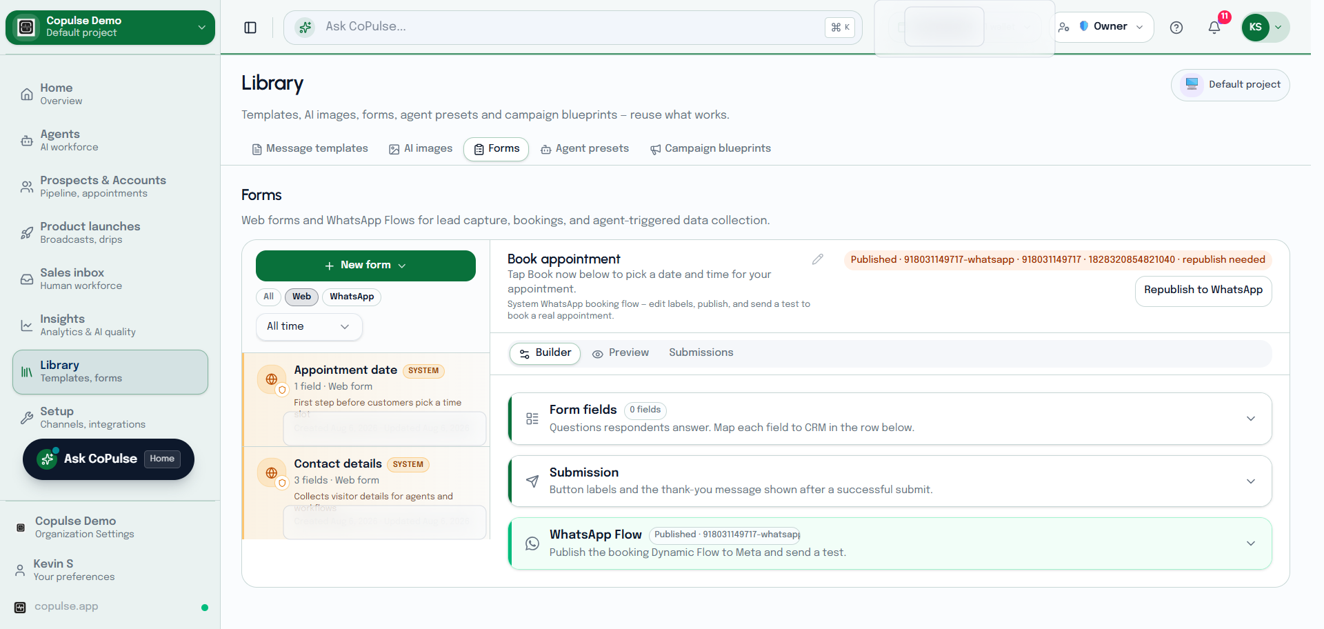 CoPulse Library web form builder with fields, preview, and publish.