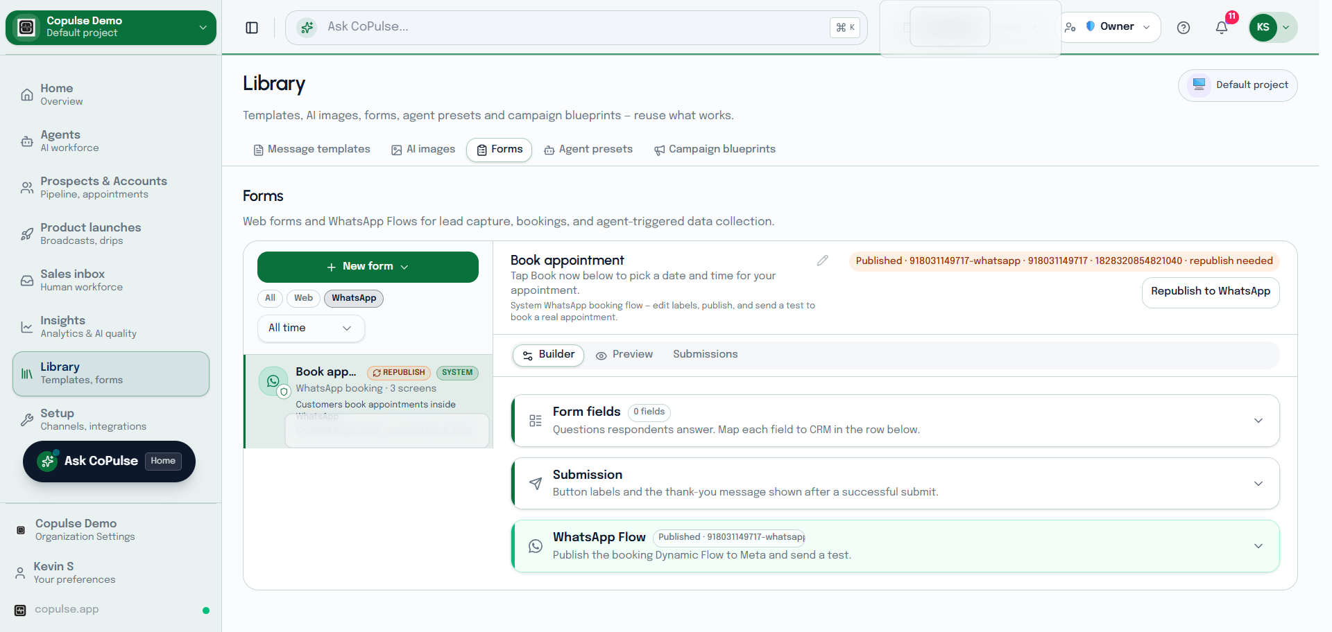 CoPulse Library WhatsApp Flow form editor for collecting structured data on WhatsApp.