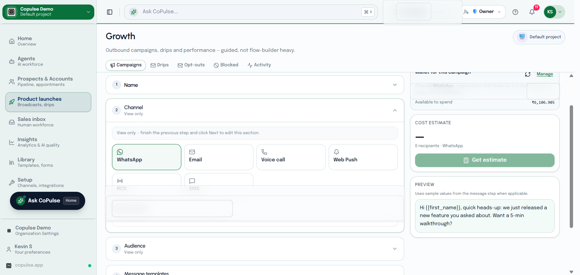 CoPulse new campaign wizard picking WhatsApp, SMS, email, RCS, Web Push, or voice.