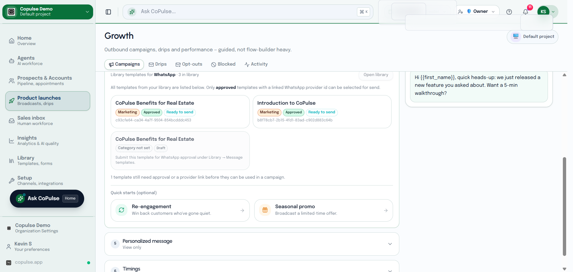 CoPulse new campaign wizard selecting an approved Library message template.