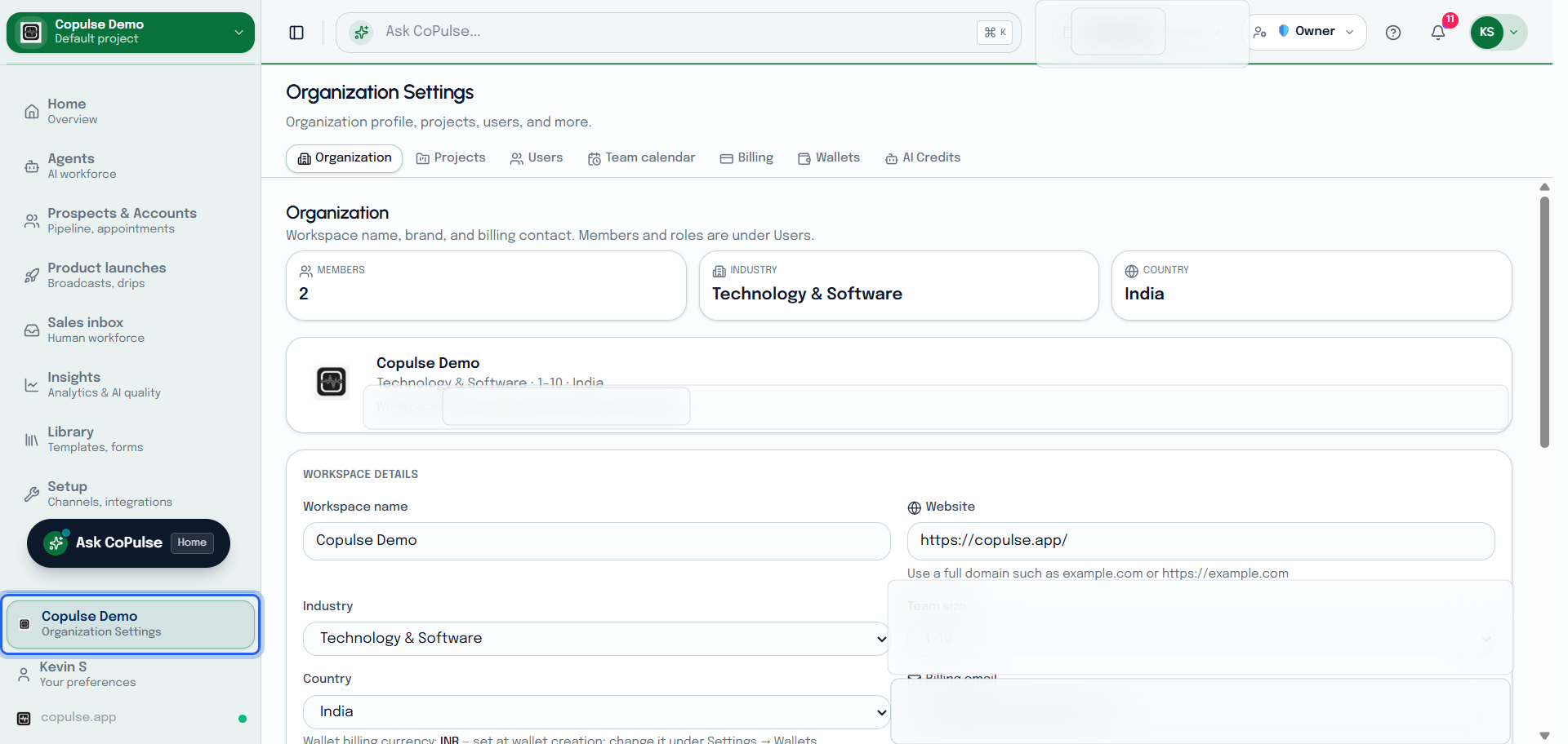 CoPulse organization settings with tenant name, timezone, and organization-level options.