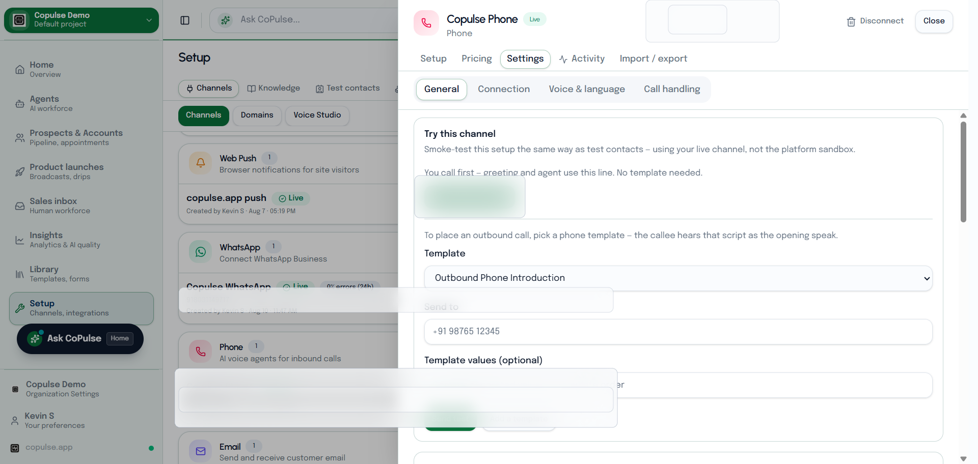 CoPulse phone channel setup for buying a new voice number through Plivo.