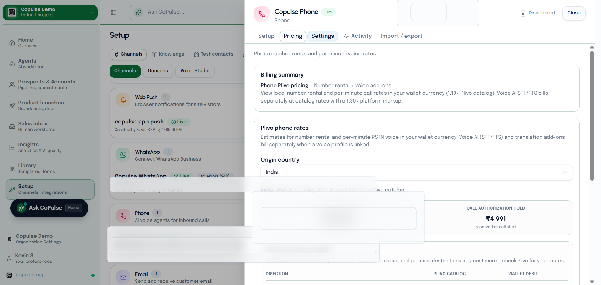 CoPulse phone number pricing and country picker before purchasing a DID.