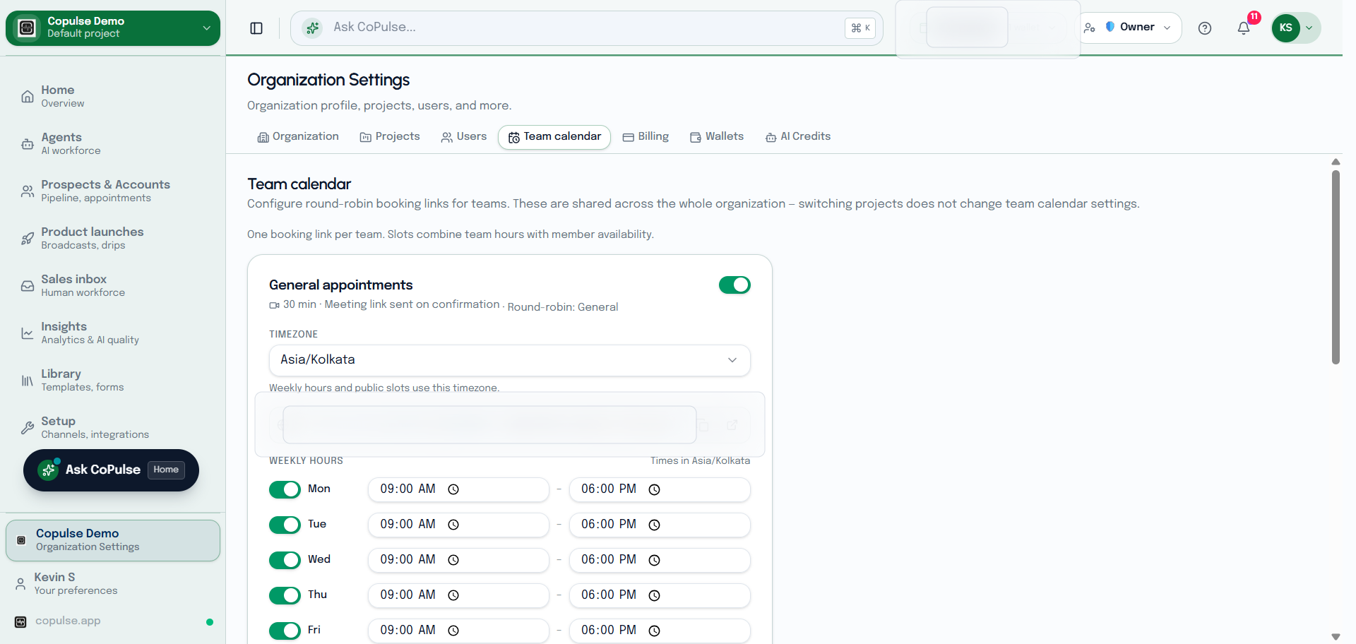 CoPulse team calendar in organization scheduling for shared appointment hours.