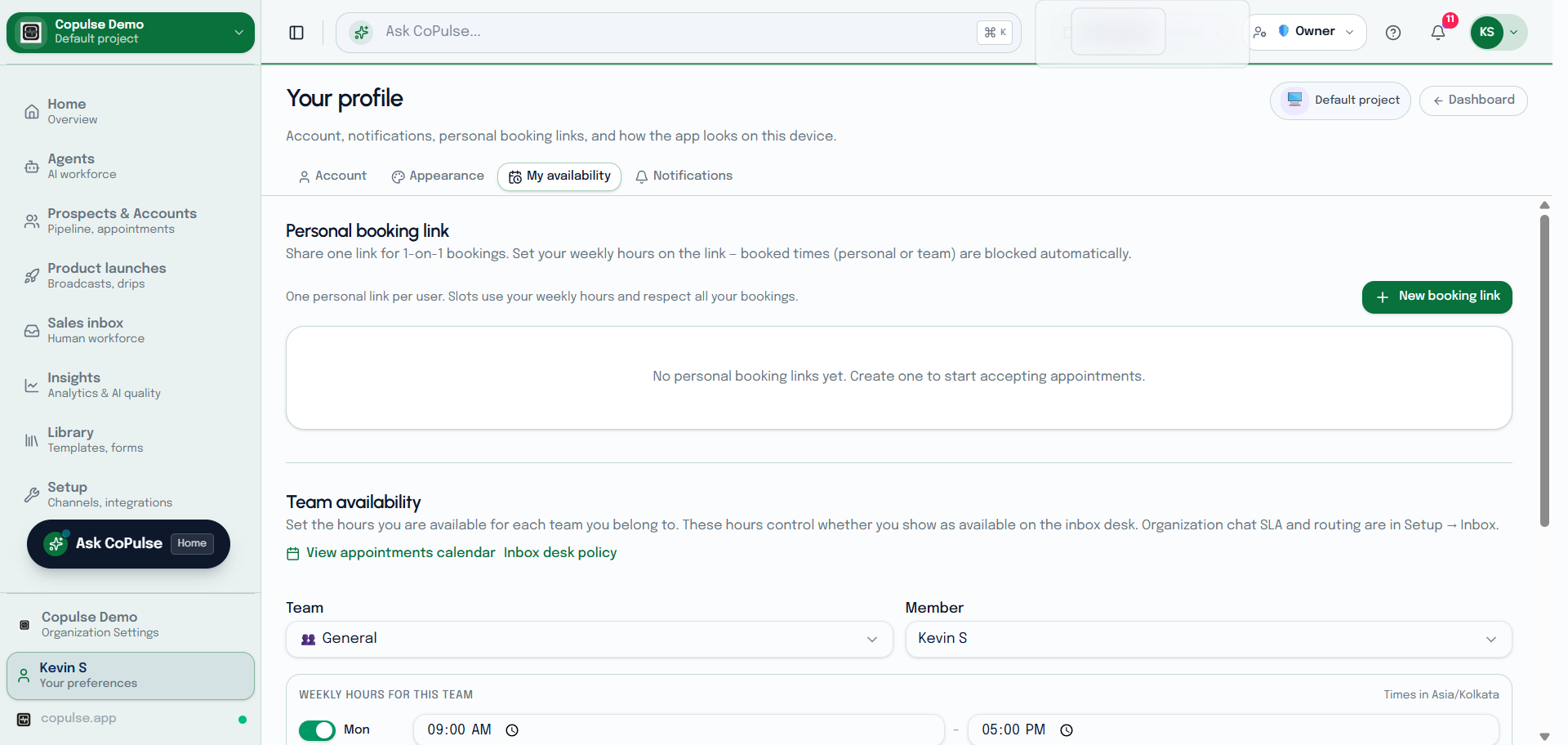 CoPulse user profile My availability tab with personal booking link and team weekly hours.