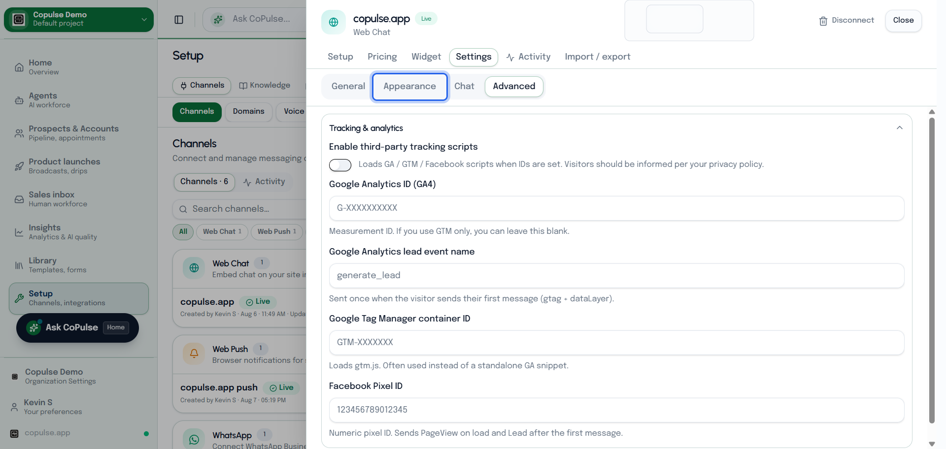 CoPulse web chat appearance and tracking settings including brand color, position, and analytics pixels.