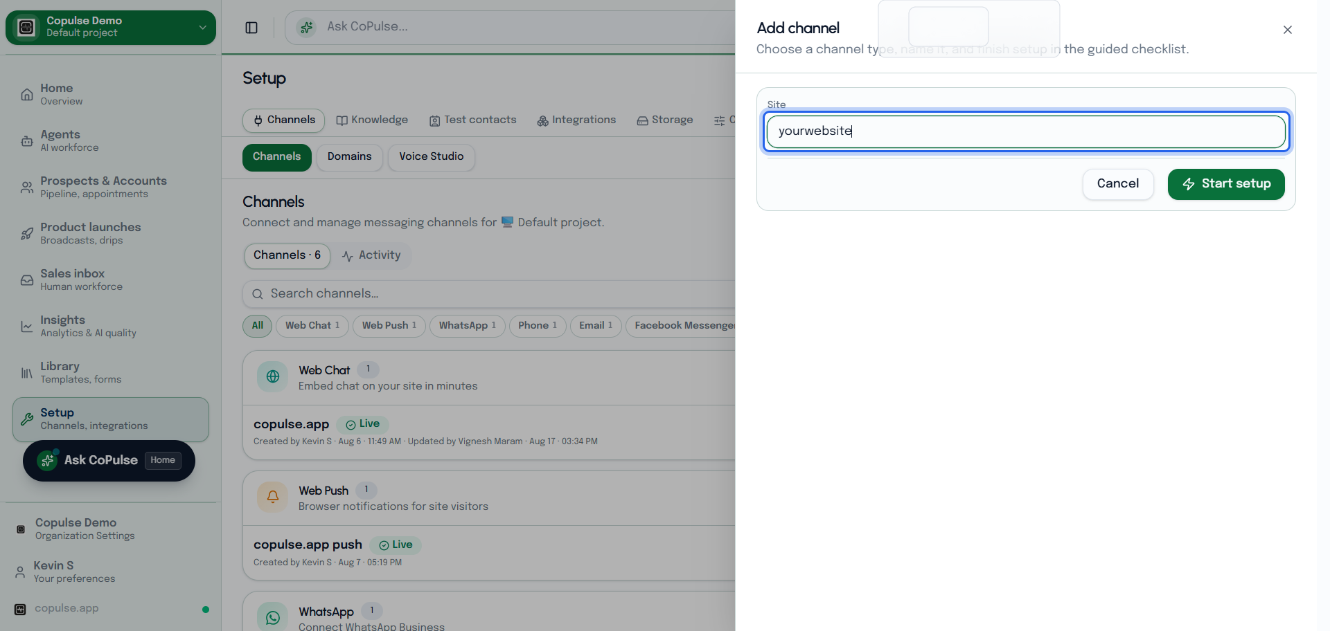 CoPulse web chat channel setup screen with greeting, launcher, and embed snippet.