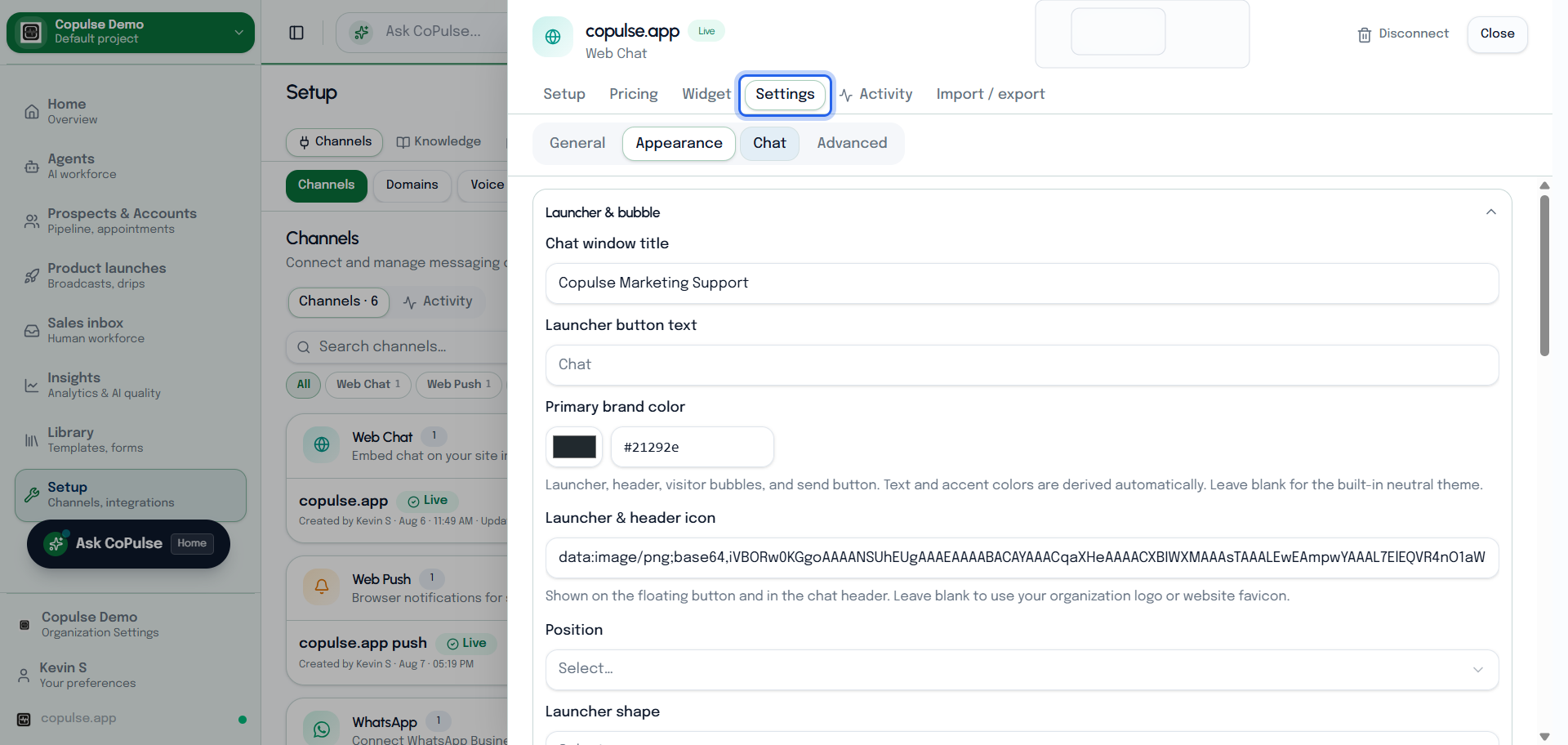 CoPulse web chat Settings tab with channel name, greeting, and launcher options.
