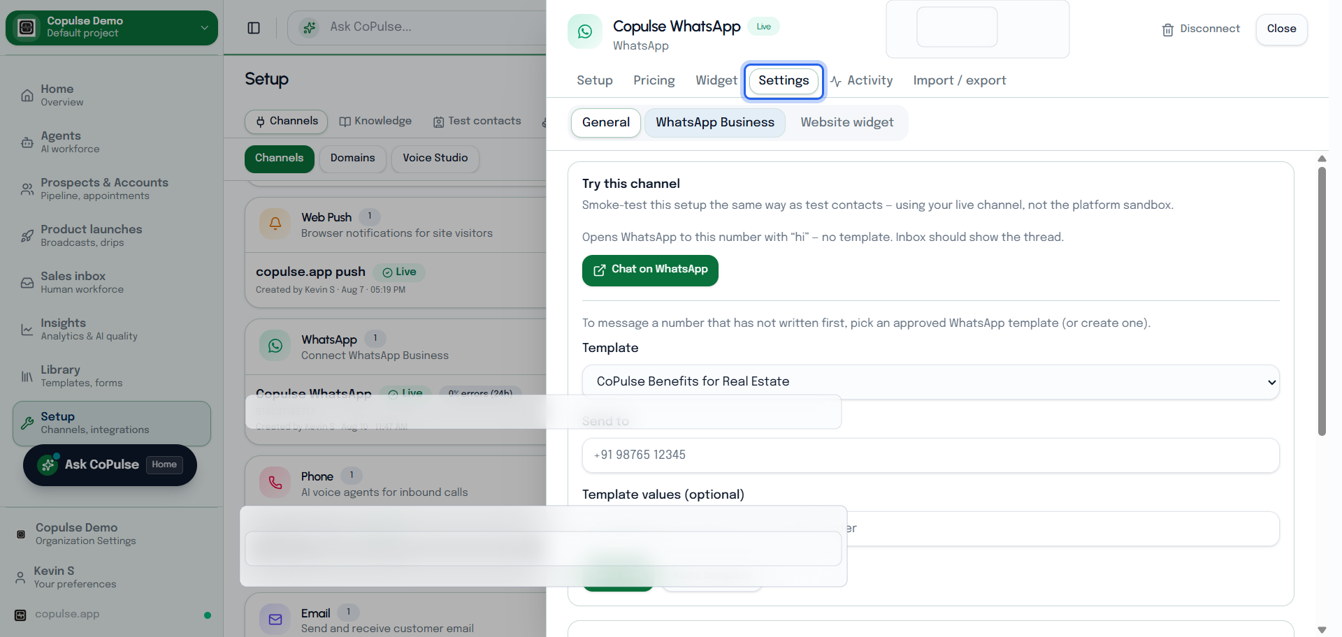 CoPulse WhatsApp channel Settings with display name, greeting, widget, and Try this channel.