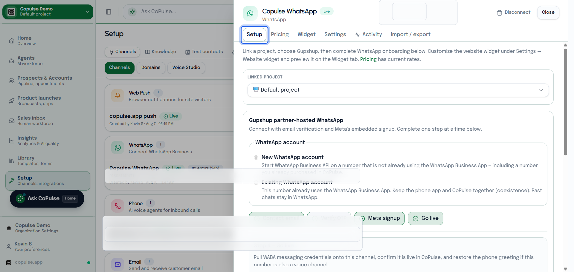 CoPulse WhatsApp channel setup with Gupshup onboarding and Meta embedded signup.